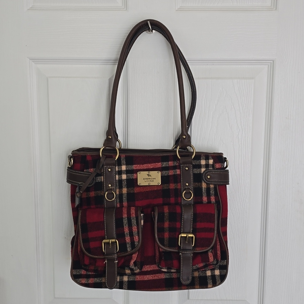 Vintage American Living Bella Tartan Red Plaid Wool Blend Tote Shoulder Bag